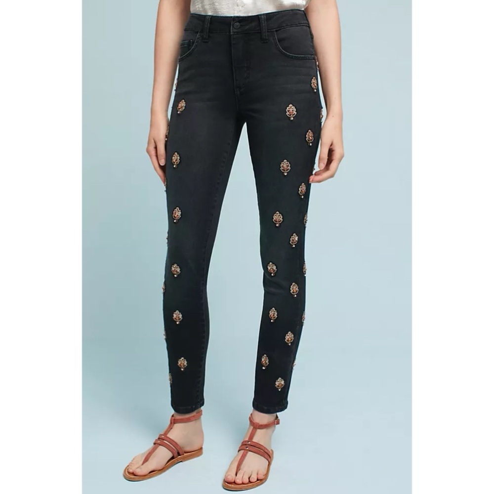 PILCRO ANTHROPOLOGIE Black Script High-Rise Embellished Skinny Jeans 26